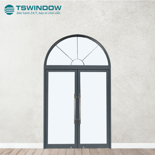cửa nhôm kính phòng khách 2 cánh mở quay vòm cong